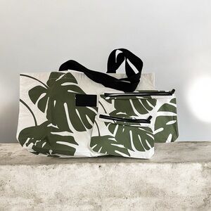 Aloha HOLO HOLO Monstera Tote with small and medium zip pouches seaweed